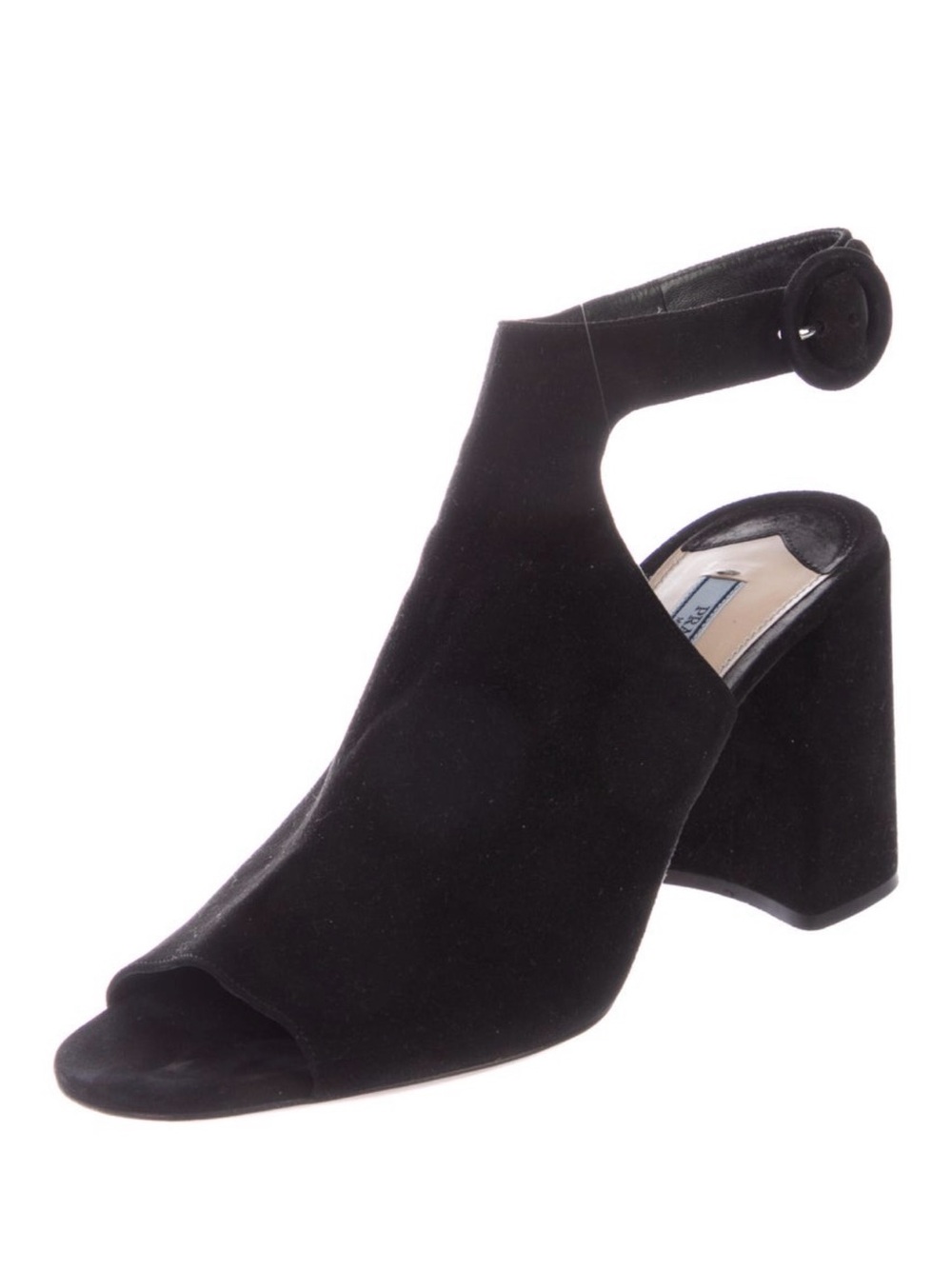 Prada Black Suede Peep-Toe Block Heel Sandal